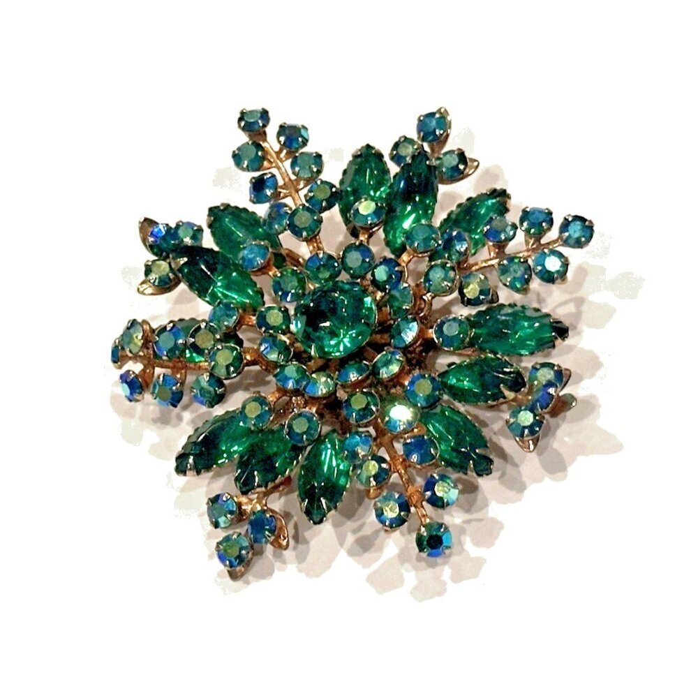 VINTAGE 2.5" GREEN & BLUE AB RHINESTONES RIVETED GOLD FLORAL STAR PIN BROOCH EU